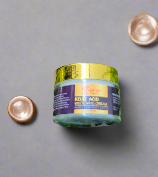Kojic Acid Whitening Cream in a jar for brightening and hydrating skin, placed on a gray background.