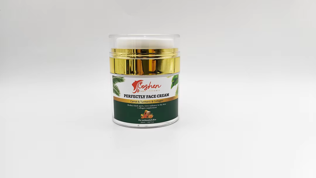 Perfectly Face Cream in a jar with gold accents, designed for brightening and hydrating skin with carrots and turmeric.