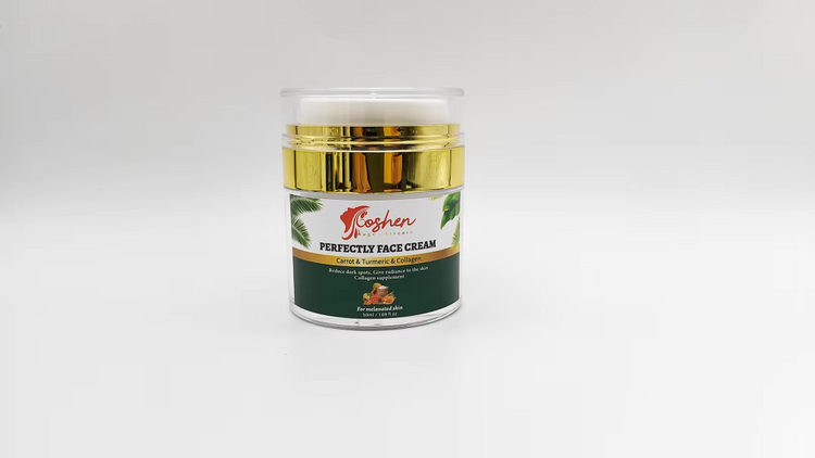 Perfectly Face Cream in a jar with gold accents, designed for brightening and hydrating skin with carrots and turmeric.