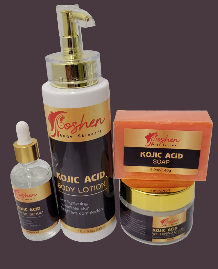 Kojic Acid Whitening Set with body lotion, soap, serum, and cream for skin brightening and dark spot removal.