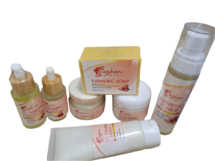 Turmeric Skincare Set showcasing soaps, creams, serum, and toner for brightening and nourishing skin.