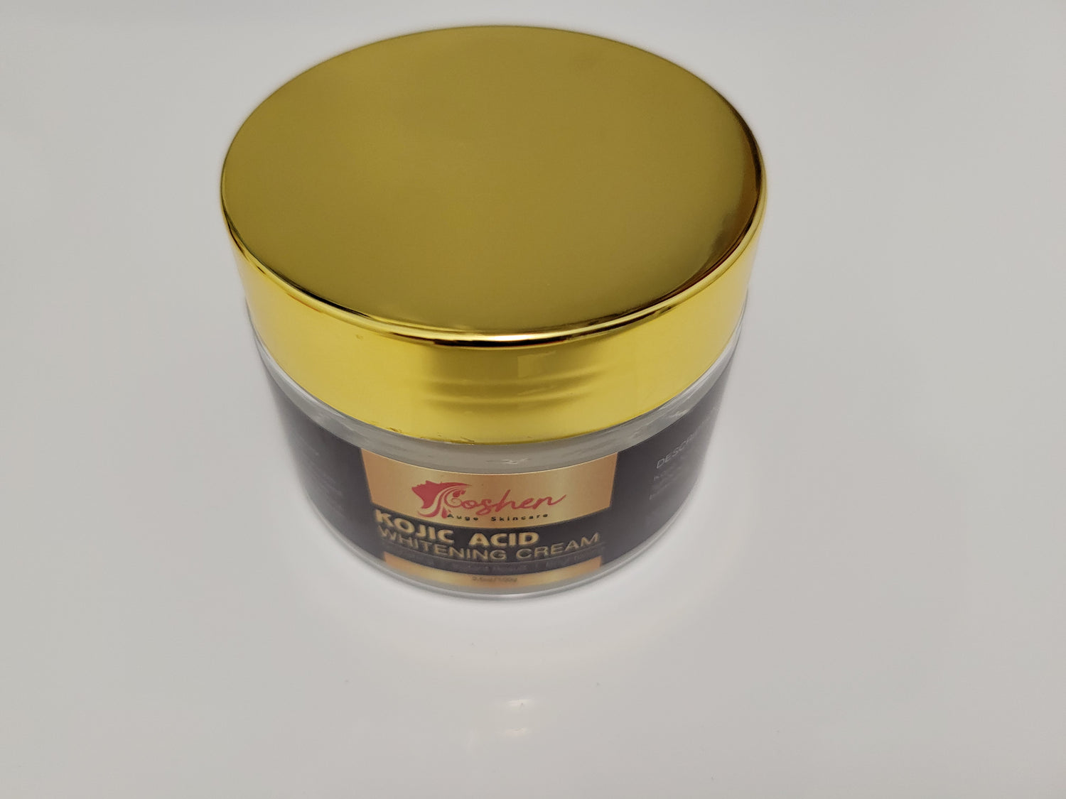 Kojic Acid Whitening Cream jar with gold lid for brightening and hydrating skin.