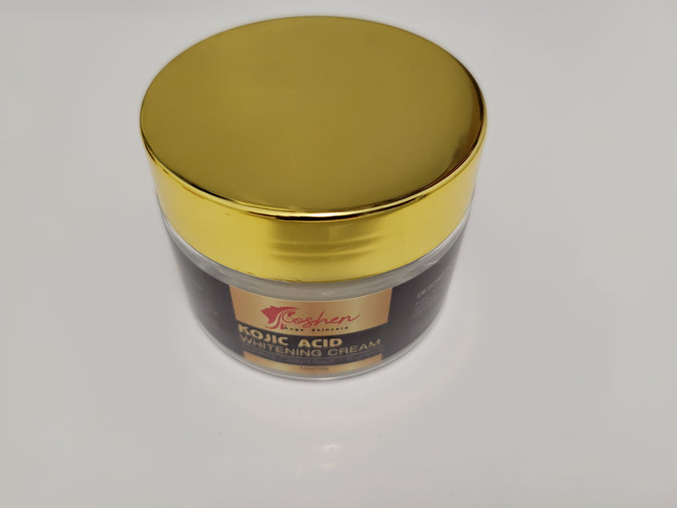 Kojic Acid Whitening Cream jar with gold lid for brightening and hydrating skin.