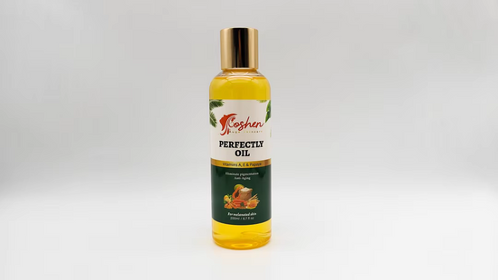 Bottle of Perfectly Oil, a nourishing and hydrating skin oil for soft, smooth, and radiant skin.