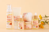 Turmeric Skincare Set showcasing toner, cleanser, serums, and oils for brightening and nourishing skin.