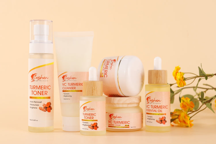 Turmeric Skincare Set showcasing toner, cleanser, serums, and oils for brightening and nourishing skin.
