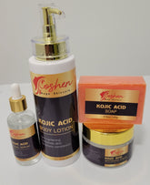 Kojic Acid Whitening Set including Kojic Acid soap, serum, and body lotion for skin brightening and dark spot removal.