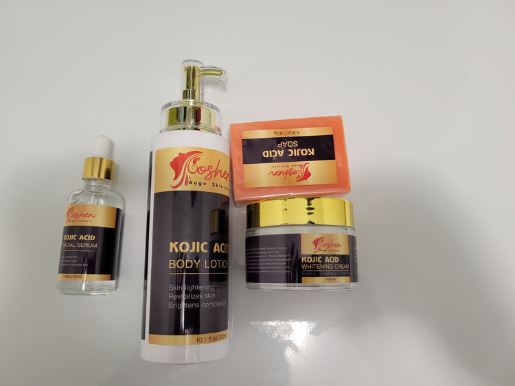 Kojic Acid Whitening Set including body lotion, serum, and cream for skin brightening and dark spot removal.